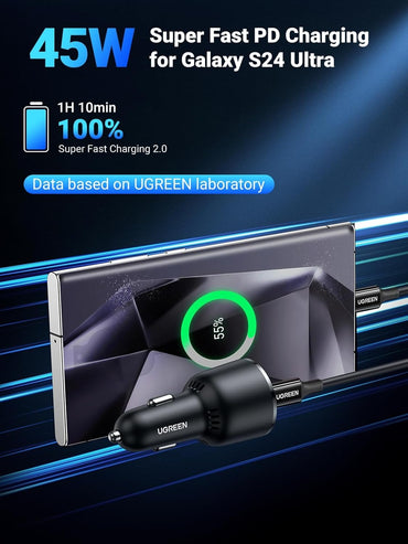 [CLEARANCE] UGREEN 63W USB Type C Fast Charging Car Charger Adapter with PSS 45W & QC 18W for Samsung Galaxy S23 S22 S21 Smartphone, Note 20 Series Tablet, iPhone 15 14 13 12 iPad and MacBook