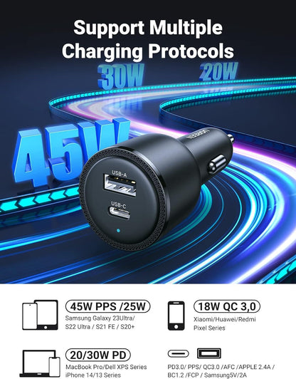 [CLEARANCE] UGREEN 63W USB Type C Fast Charging Car Charger Adapter with PSS 45W & QC 18W for Samsung Galaxy S23 S22 S21 Smartphone, Note 20 Series Tablet, iPhone 15 14 13 12 iPad and MacBook