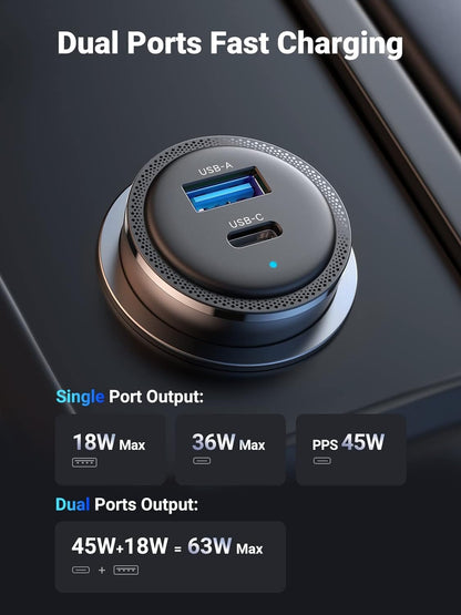 [CLEARANCE] UGREEN 63W USB Type C Fast Charging Car Charger Adapter with PSS 45W & QC 18W for Samsung Galaxy S23 S22 S21 Smartphone, Note 20 Series Tablet, iPhone 15 14 13 12 iPad and MacBook