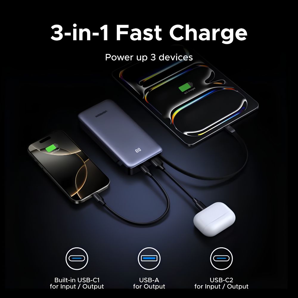 UGREEN Nexode 20000mAh 55W Fast Charging Power Bank w/ Built-In USB-C Cable, 45W PD | PB537 (95178B)