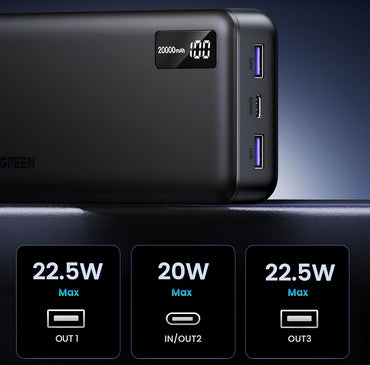 UGREEN 20000mAh Power Bank w/ 20W USB-C PD, 22.5W Fast Charging, LED Display | PB312 (95424B)