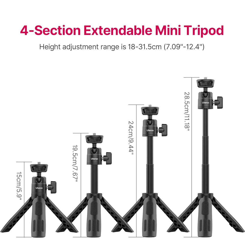 Ulanzi M12 Tripod Selfie Stick with 360 / 120 Degree Pan Tilt Ball Head with Extendable 12.5" Max Height, Max 500g Load Capacity for GoPro Action Cameras and Smartphones