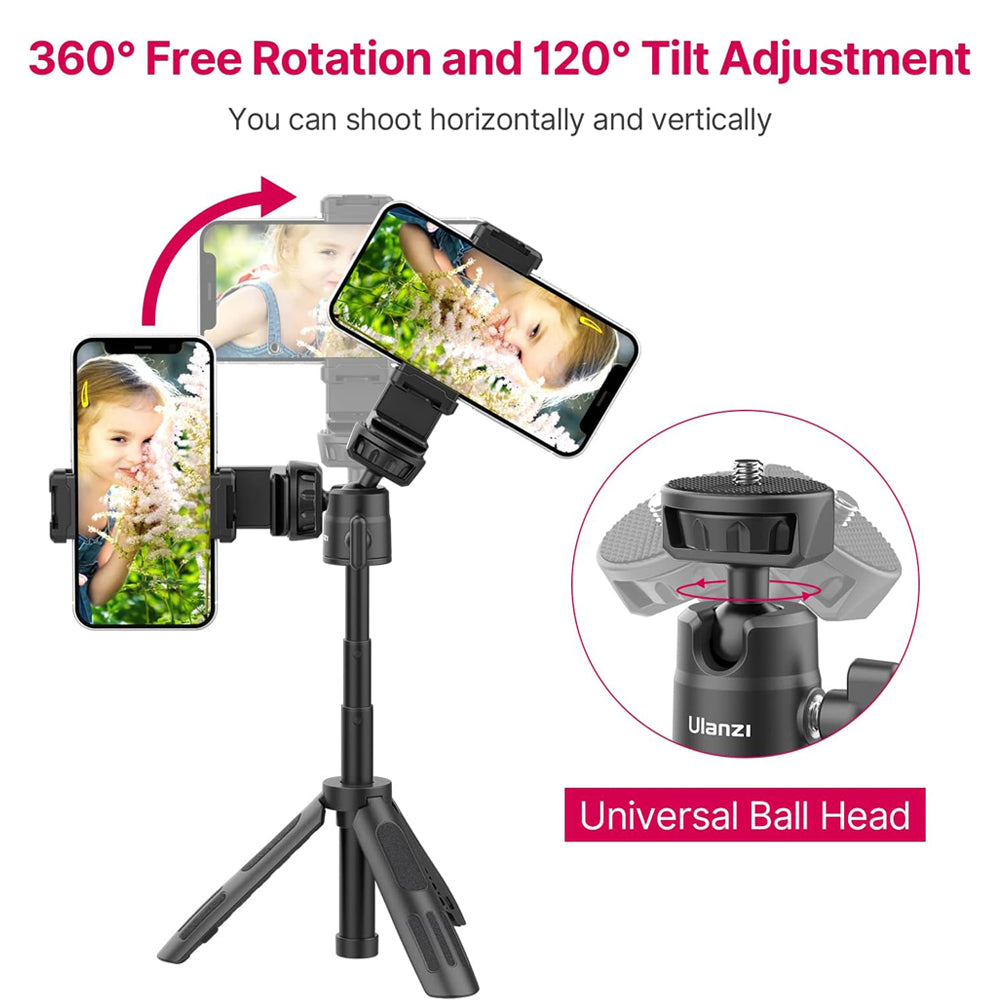 Ulanzi M12 Tripod Selfie Stick with 360 / 120 Degree Pan Tilt Ball Head with Extendable 12.5" Max Height, Max 500g Load Capacity for GoPro Action Cameras and Smartphones