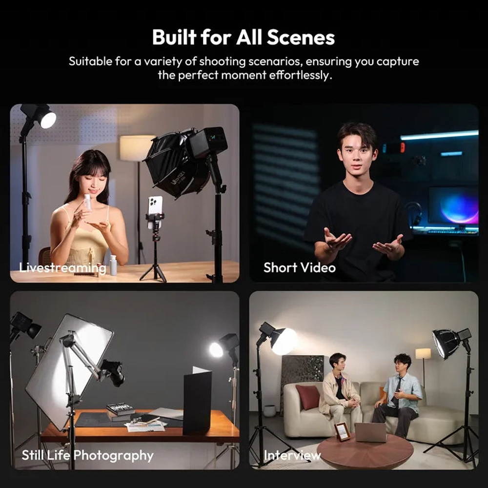 Ulanzi ML100RGB (L125) 100W RGB COB Video Light Mini Bowens Mount with 2700-6500K CCT, 20 Light Effect Presets, 5000mAh Built-In Battery, DC / USB Type-C Charging Ports, LCD Display and Stepless Tuning Knobs for Lighting Studio Equipment