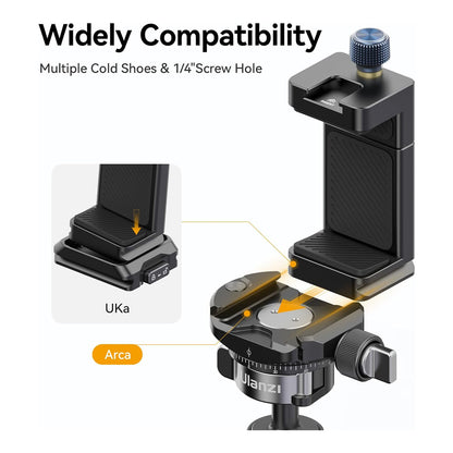 Ulanzi MA33 Arca-Type Phone Holder with Dual Cold Shoe Mount and Multiple 1/4" Attachment Holes for iPhone and Smartphones (60mm-95mm)