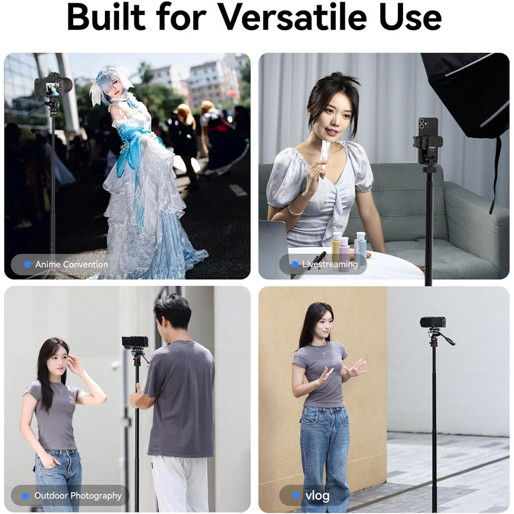 Ulanzi AT-01 Portable Aluminum Tripod Stand 152cm Max Height, 5kg Load Capacity, 1/4" & 3/8" Screw Mount / AT-02 Dolly Base Plate with 360 Degrees Swivel Wheel and 20kg Load Capacity for Live Streaming, Vlogging, and Content Creation