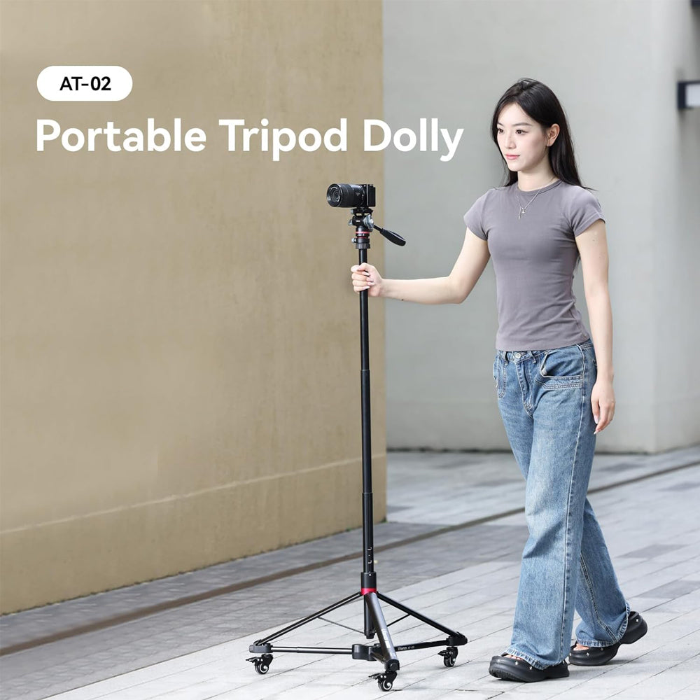 Ulanzi AT-01 Portable Aluminum Tripod Stand 152cm Max Height, 5kg Load Capacity, 1/4" & 3/8" Screw Mount / AT-02 Dolly Base Plate with 360 Degrees Swivel Wheel and 20kg Load Capacity for Live Streaming, Vlogging, and Content Creation