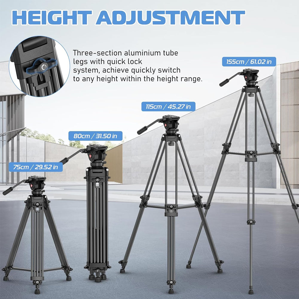 Ulanzi MT-81 Aluminum Video Tripod with Fluid Head & Camera Quick Release Plate - 155cm Max Height, 8kg Load Capacity for Photography, Live Streaming, and Filmmaking | T080GBB1