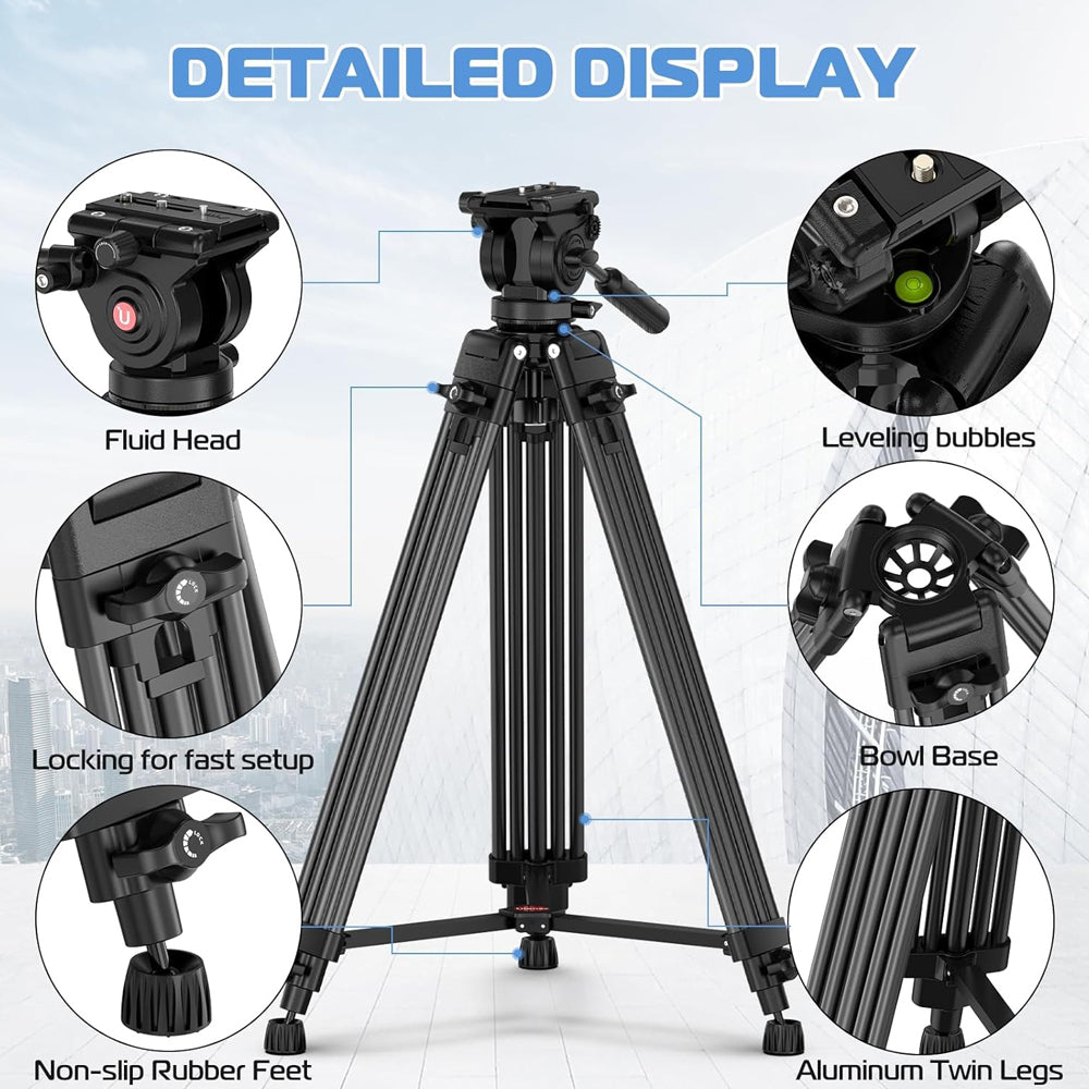 Ulanzi MT-81 Aluminum Video Tripod with Fluid Head & Camera Quick Release Plate - 155cm Max Height, 8kg Load Capacity for Photography, Live Streaming, and Filmmaking | T080GBB1