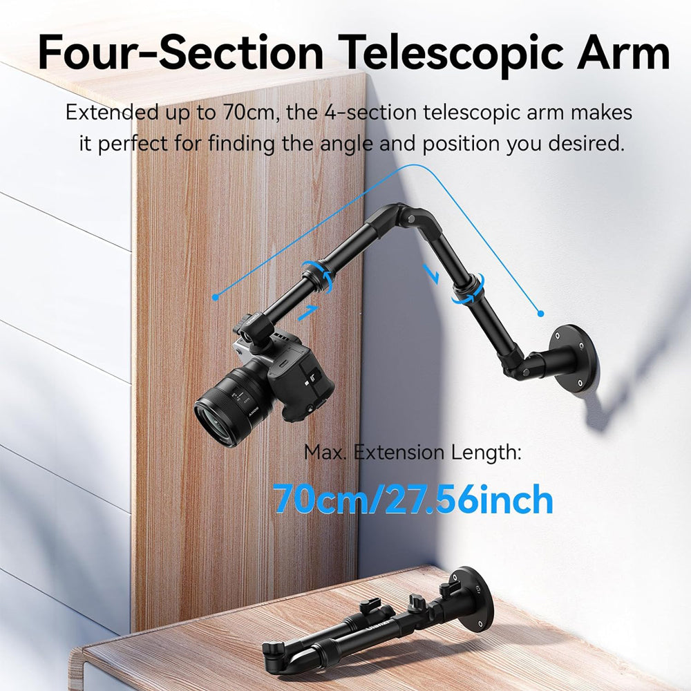 Ulanzi ZJ04 Overhead Magic Arm Wall Mount with 4-Section Adjustable Length Up to 98cm, 360° Ball Head, 180° Toothed Joints, and 1/4" Mount for Cameras, Video Lights, and Microphones for Live Streaming, Photography, and Vlogging