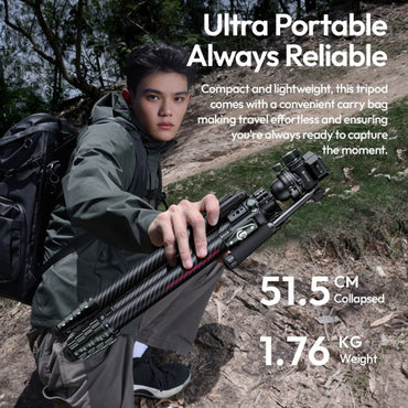 Ulanzi JJ06 Carbon Fiber Travel Video Tripod with Overhead Arm Ball Head, 18KG Max Payload, Fluid Head, 360° Panoramic Rotation, UKA QR System, Built-in Screwdriver Handle for Photography Videography | T081