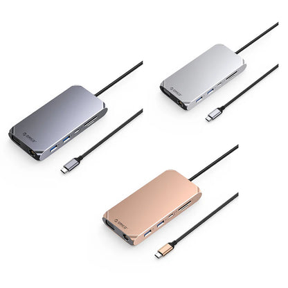 [CLEARANCE] ORICO 12-in-1 USB 3.1 Type C Multifunctional Docking Station with 5Gbps USB-C Input, 4K 60Hz, PD 100W, 5Gbps USB-A 3.1. USB-A 2.0, 1080p VGA, 1000Mbps Ethernet, 3.5mm Audio Port, SD & TF Card Slot (Gray, Rose Gold, Silver) | XCR-X11