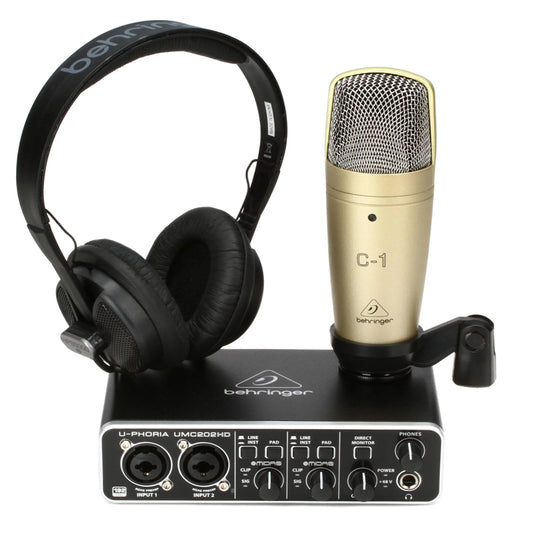 Behringer U-Phoria Studio Pro Complete Recording Podcasting Bundle with High Definition UMC202HD USB Audio Interface, Studio-Grade C-1 Condenser Microphone, Professional HPS5000 Studio Headphones, XLR / USB Cable, Swivel Mount