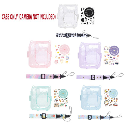 [CLEARANCE] Pikxi 3-in-1 Transparent Glitter Instant Camera Case for FUJIFILM Instax Mini 12 Film Cameras with Cartoon Patch Sticker Set and Body Strap