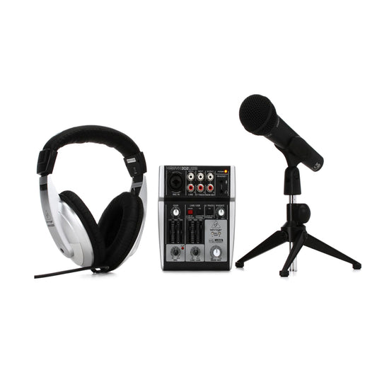 Behringer PODCASTUDIO 2 Bundle with XENYX 302USB Desktop Mixer, XM8500 Dynamic Microphone, HPM100 Closed-Back Headphones, Table Microphone Stand, XLR Microphone & USB Data Cables