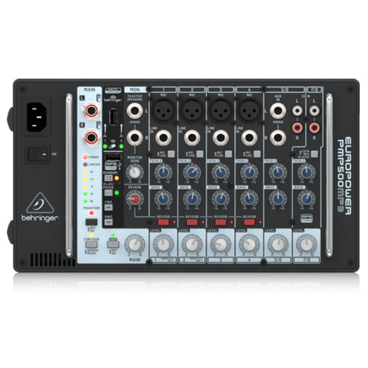 Behringer EuroPower PMP500MP3 Ultra-Compact 500W 8-Channel Powered Mixer with MP3Player, Reverb & Wireless Option, 4 Mic/Line & 2 Stereo Channel, 4 XLR, 4 1/4" TRS Line, Dual 1/4" Aux L/R, Dual RCA Strereo, USB Type A for MP3 Playback