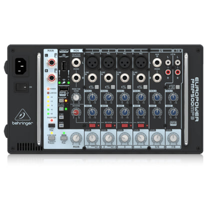 [CLEARANCE] Behringer EuroPower PMP500MP3 Ultra-Compact 500W 8-Channel Powered Mixer with MP3Player, Reverb & Wireless Option, 4 Mic/Line & 2 Stereo Channel, 4 XLR, 4 1/4" TRS Line, Dual 1/4" Aux L/R, Dual RCA Strereo, USB Type A for MP3 Playback