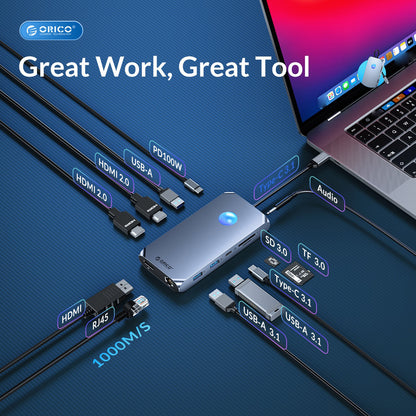 [CLEARANCE] ORICO 12-in-1 (RGB) USB 3.1 Type C Multifunctional Docking Station with 5Gbps USB-C Input, 4K 60Hz, PD 100W, 5Gbps USB-A 3.1. USB-A 2.0, 1080p VGA, 1000Mbps Ethernet, 3.5mm Audio Port, SD & TF Card Slot (Gray, Rose Gold, Silver) | XCR-X1