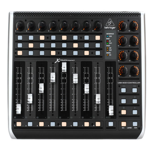 Behringer X-TOUCH COMPACT Universal USB/MIDI Controller with 9 Touch-Sensitive 100mm Motorized Faders, 39 Illuminated Key Buttons, 16 Rotary Encoders, Dual-Layer Mode, Footswitch Connector, Built-in Mackie Control, DAW USB/MIDI Controller