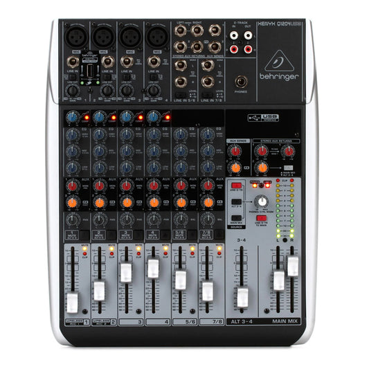Behringer XENYX Q1204 Premium Low-Noise 12-Input 2/2-Bus High-Headroom Analog Mixer with XENYX Mic Preamps & Compressors, Wireless Options, USB/Audio Interface, 3-Band EQ, 2 Multi-functional Stereo AUX Returns