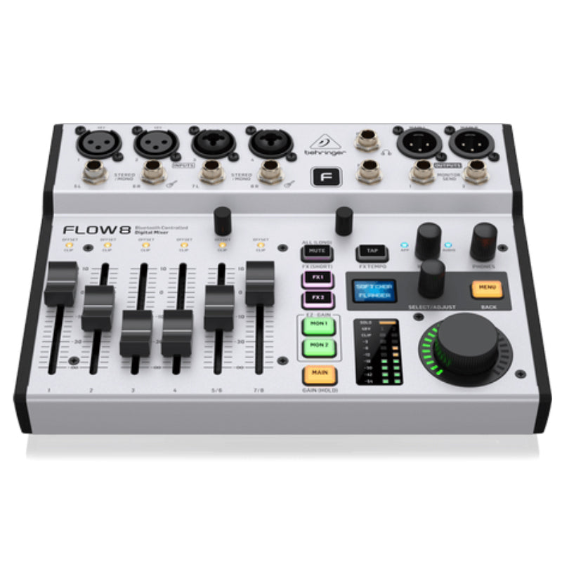 Behringer Flow 8 8-Input Digital Mixer with Bluetooth Audio & App Control, 60mm Channel Faders, 2 FX Processors, and USB/Audio Interface, XLR/TRS Combo Jacks Mic/Line Input, 48 kHz / 24-Bit Resolution, FLOW Mix Remote App for Android, iOS
