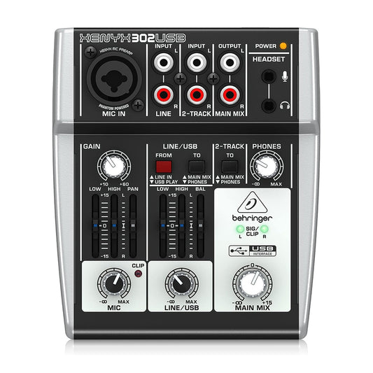 Behringer XENYX 302USB Premium 5-Input Channel Mixer Ultra-Low Noise with XENYX Mic Preamp and USB 2.0 / Audio Interface 15V with 2-Band British-Style EQ, XLR/TRS Combo Jack, RCA & 3.5mm Outputs