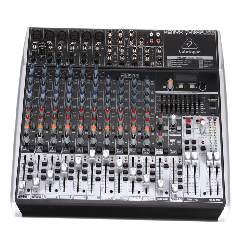 Behringer XENYX QX1832 Premium Low-Noise 18-Input 3/2-Bus High-Headroom Analog Mixer with XENYX Mic Preamps and Compressors, Klark Teknik Multi-FX Processor, Wireless Option, USB/Audio Interface, 9-Band Stereo Graphic EQ