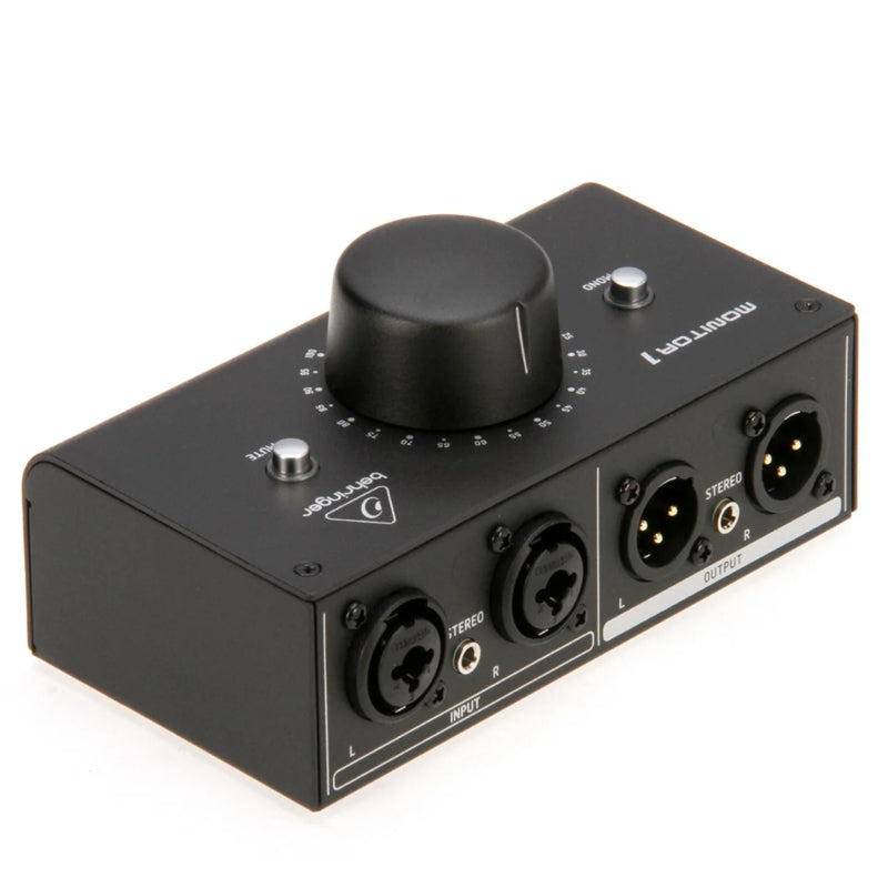Behringer MONITOR1 Premium Passive Stereo Monitor and Volume Controller 10W with 2 High-Quality 1/4" TRS/XLR Combo Inputs, 3.5mm (1/8") Stereo Input, Large Level Knob, Mute & Mono Buttons for Pro and Project Studios