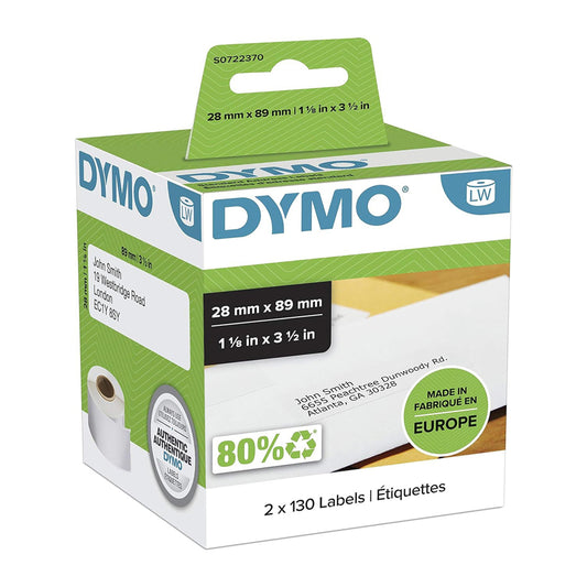 Dymo 99010 2 Rolls (260 Pieces) Standard Address Labels 28mm x 89mm Black Text White Thermal Sticker Paper