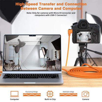 PXEL Tether USB Type-C to Right Angle Micro B Male to Male Gold Plated 8M DSLR / Mirrorless Camera Cable for Nikon Nikon D5, D500, Canon 5DS, EOS 7D Mark II, FUJIFILM X-H1, X-T2, XT-50, GFX 50 S and PC Computer Laptop
