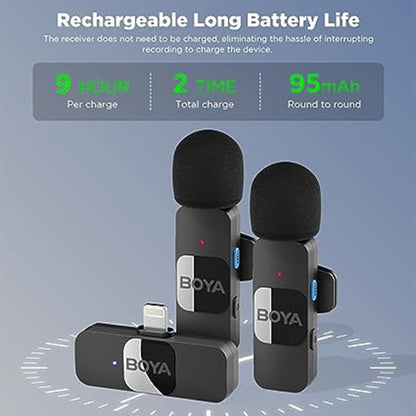 [CLEARANCE] Boya BY-V2 Ultracompact 2.4GHz Dual Wireless Lavalier Microphone System Lightning Connector for iOS Devices with 360 Degree Omnidirectional Sound, Noise Cancellation, Auto Pairing, 100m Wireless Range