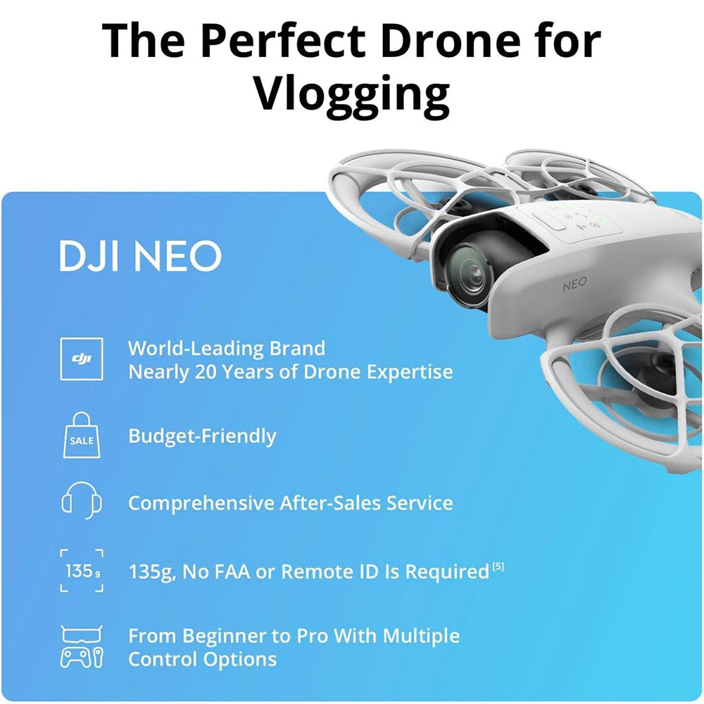 DJI Neo Standard (Single Battery) / Fly More Combo (3-Battery) 4K 30fps 22GB FPV Immersive Drone with Goggles N3 & RC Motion 3 Control, 18 Minutes Max Flight Time, Palm Takeoff / Landing, RTH, QuickShots, Subject Tracking