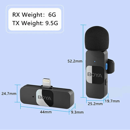 [CLEARANCE] Boya BY-V2 Ultracompact 2.4GHz Dual Wireless Lavalier Microphone System Lightning Connector for iOS Devices with 360 Degree Omnidirectional Sound, Noise Cancellation, Auto Pairing, 100m Wireless Range