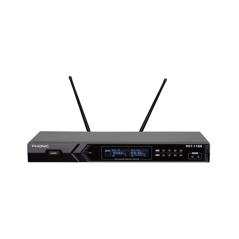 Phonic PCT-1100M Dual Channel Wireless Microphone System with OLED Display Screen, Auto Frequency Selection up to 30MHz, and Transmitter Sync