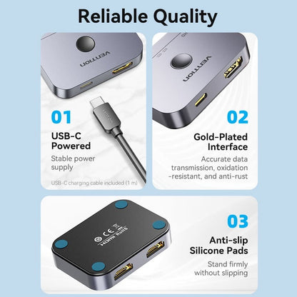 Vention Bi-Directional 8K 60Hz HDMI USB-C Switcher Splitter 2 in 1 out / 1 in 2 out with One Button Switching, Support 3D, Dynamic HDR, Up to 120Hz Refresh Rate, and 48Gbps Data High Speed for TV, Monitor, Projector | AKPH0