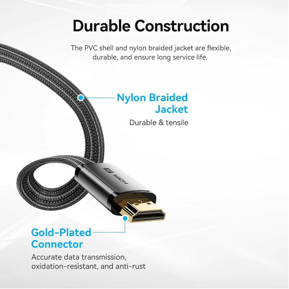 Vention (2m) 8K 60Hz UHD Flat HDMI 2.1 Male to Male Video Display Cable with 240Hz Refresh Rate, Dolby Atmos, 12-Bit Color Depth, Nylon-Braided Jacket, High Dynamic Range (HDR), Multiple Display Modes for Laptop, PC, TV, Monitor, Projector