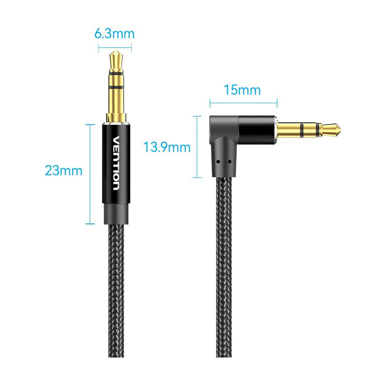 Vention (0.5m - 2m) TRS 3.5mm Male to Male Right Angle Audio Extension Cable Cotton Braided (Black/Blue) Aluminum Alloy Type PVC Hi-Fi Video Stereo Music for Smartphones, Laptop, PC, Gaming, TV | BAZ Series