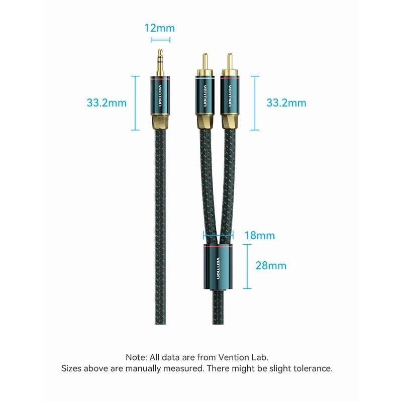 Vention (1m -10m) 3.5mm Male to 2RCA Male Audio Extension Cable Cotton Braided Green Copper Type Gold-Plated High Frequency and Tight Bass Sound for Smartphones, Laptop, Speaker, Amplifier | BCS Series