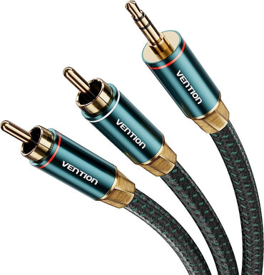 Vention 3.5mm Male to 2RCA Male Audio Extension Cable Cotton Braided Green Copper Type Gold-Plated High Frequency and Tight Bass Sound for Smartphones, Laptop, Speaker, Amplifier (1 meter) | BCSGF