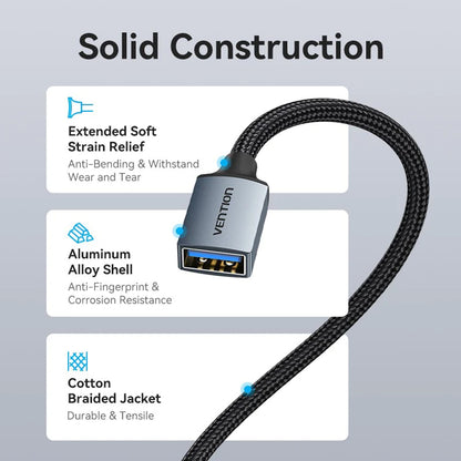 Vention USB 3.0 Cotton Braided Extension Cable with Male to Female Connectors and 5Gbps High-Speed Data Transmission for Chargers Mobile Phone Computer Laptop PC Smart TV Display Monitor Gaming Consoles Storage Devices and more