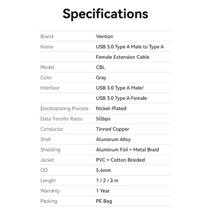 Vention USB 3.0 Cotton Braided Extension Cable with Male to Female Connectors and 5Gbps High-Speed Data Transmission for Chargers Mobile Phone Computer Laptop PC Smart TV Display Monitor Gaming Consoles Storage Devices and more