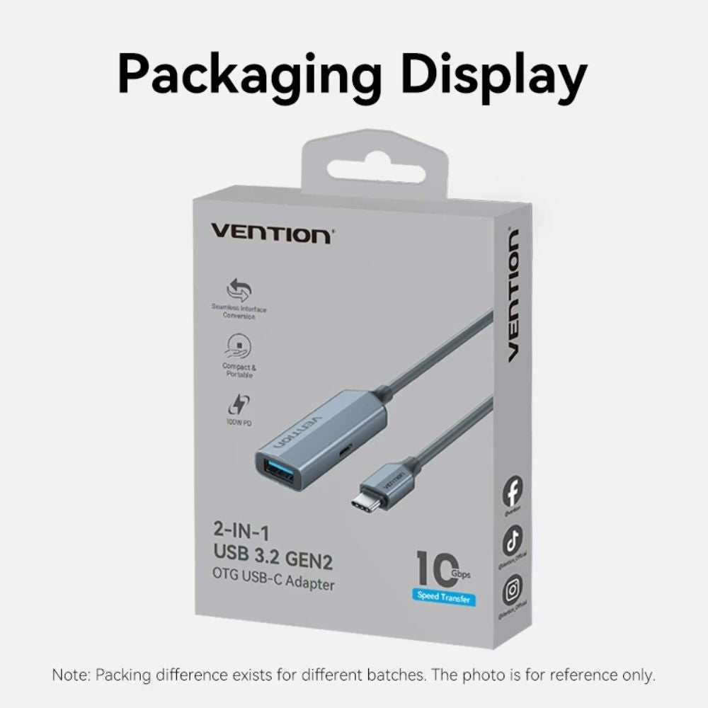 Vention USB-A 3.2 Gen 2 Female to USB C Male Adapter with 100W PD Fast Charging, 10Gbps High-Speed Data Transfer, Aluminum Alloy Shell and PVC Jacket for Smartphone, Laptop, Tablet - Windows, macOS, Linux & Android