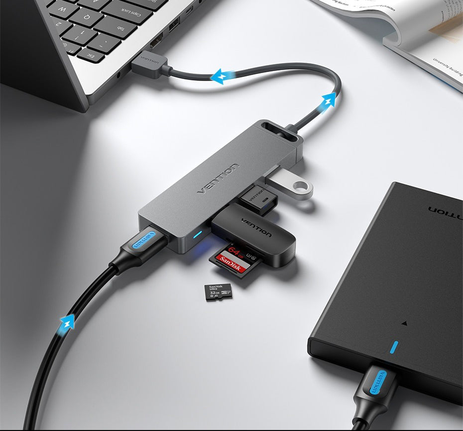 Vention 4-Ports USB 3.0 Hub OTG Extension Charging Splitter with Power Supply, 0.15m / 0.5m / 1m USB Cable, 5Gbps Data High Speed for Laptop, MacBook, Chrome, Linux OS, Surface Pro, PC, USB Flash Drives, Mobile, PS4 | CHLH Series