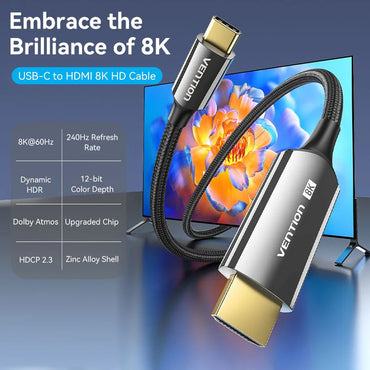 [CLEARANCE] Vention (1.8m) 8K 60Hz HDMI to USB Type C Video Display Cable with 240Hz Refresh rate, Dolby Atmos, 12-Bit Color Depth, High Dynamic Range (HDR), Multiple Display Modes for Smartphones, Tablet, Laptop, PC, TV, Monitor, Projector | CRCBAC