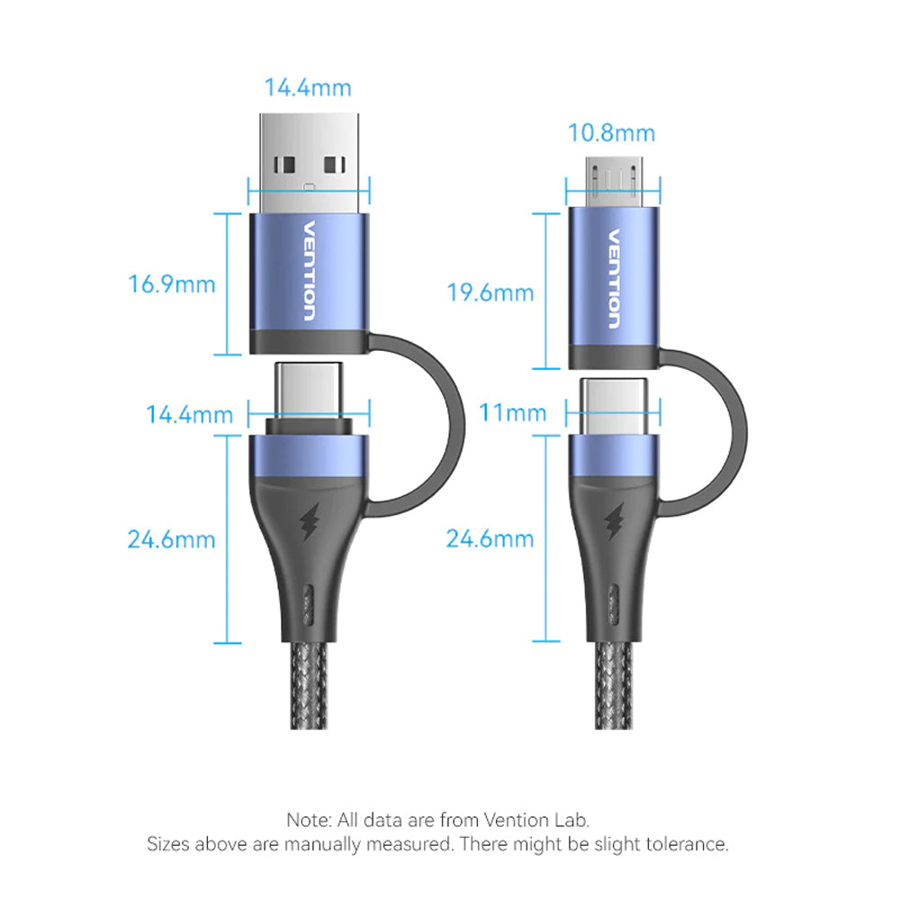 Vention 100W PD 4-in-1 USB Type C Fast Charging Data Cable with USB A and Micro USB Adapter, 480Mbps Transmission Rate for Android Smartphone, Tablet, Laptop, PC - 1 / 1.5 / 2 Meters