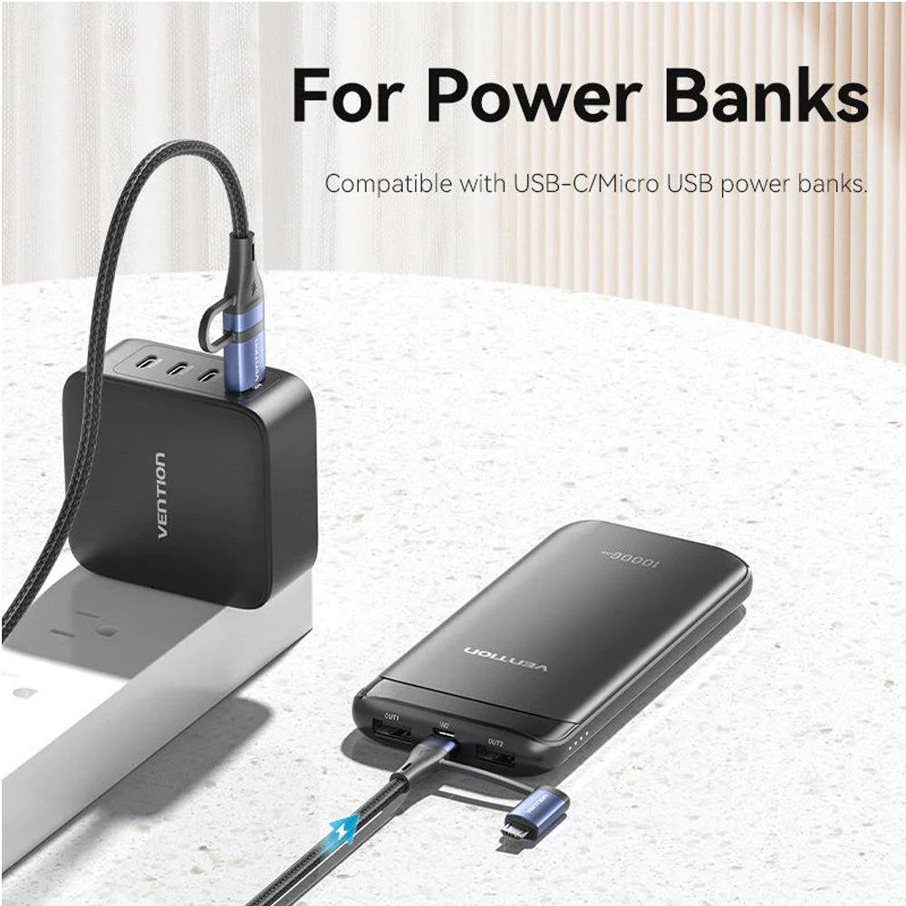 Vention 100W PD 4-in-1 USB Type C Fast Charging Data Cable with USB A and Micro USB Adapter, 480Mbps Transmission Rate for Android Smartphone, Tablet, Laptop, PC - 1 / 1.5 / 2 Meters