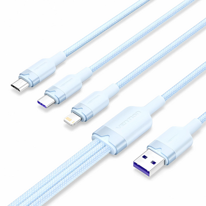 Vention 3-in-1 USB 2.0 1.5M Cable USB-C, Lightning, Micro-B, 6A Fast Charging, Aluminum Alloy for Phone, Tablet, Power bank - Available Colors