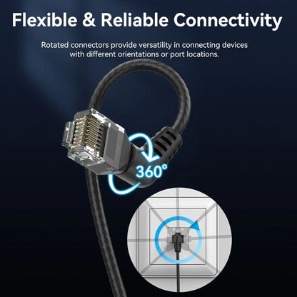 [CLEARANCE] Vention 20m Cat6A UTP Patch Angled Ethernet LAN Cable 10Gbps High-Speed Network Data, 500MHz Bandwidth, Bend-Proof Rotating Connector, Gold-Plated Contacts for Home & Work Internet Connection, PC, Switch (Black)