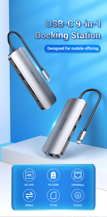 Vention 9 in 1 USB Type C Hub with 4K HDMI Output, TRRS 3.5mm Audio Jack, 5Gbps USB 3.0 Ports, 3.1 Gen1 TypeC Data, SD / microSD Card Reader, 1000Mbps RJ45 Gigabit Ethernet Network Port, & Fast Charging USB-C Power Adapter Dock