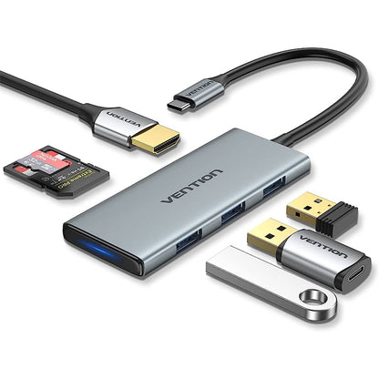 [CLEARANCE] Vention 7-in-1 USB-C to HDMI/USB3.0x3/SD/TF/PD Multiport Adapter Docking Station 4K 30Hz HD with 5Gbps Data High Speed, 100W PD Power Delivery for PC, Laptop, Computer, Projector | TOPHB
